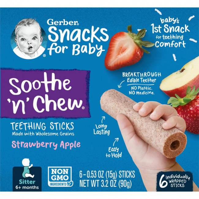Gerber, Snacks for Baby, Soothe 'n' Chew, палочки для прорезывания зубов, от 6 месяцев, клубничное яблоко, 6 палочек в индивидуальной упаковке, 15 г (0,53 унции) каждый Gerber, Snacks for Baby, Soothe 'n' Chew, палочки для прорезывания зубов, от 6 месяцев, клубничное яблоко, 6 палочек в индивидуальной упаковке, 15 г (0,53 унции) каждый