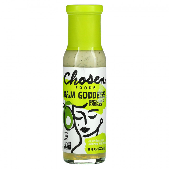 Chosen Foods, Baja Goddess Dressing & Marinade, чеснок халапеньо и чистое масло авокадо, 237 мл (8 жидк. Унций) Chosen Foods, Baja Goddess Dressing & Marinade, чеснок халапеньо и чистое масло авокадо, 237 мл (8 жидк. Унций)