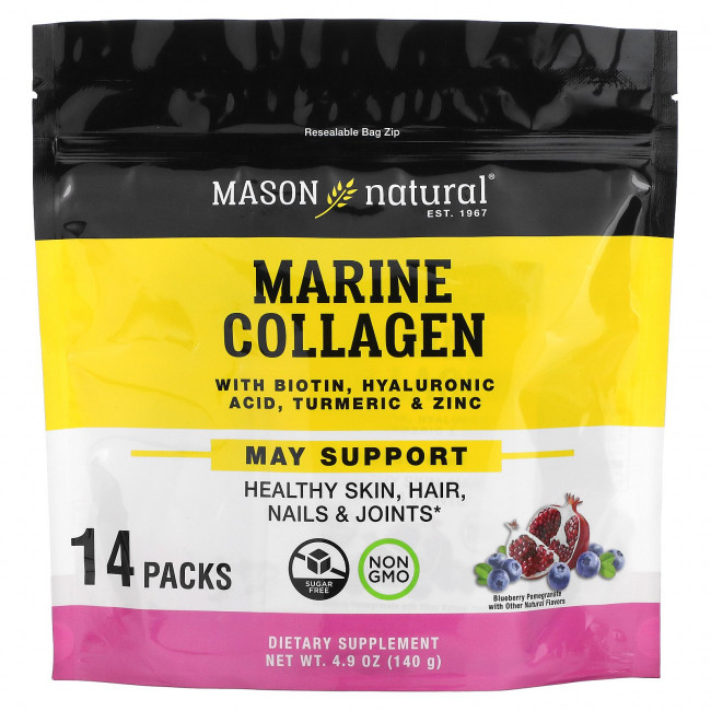 Mason Natural, Морской коллаген с биотином, гиалуроновая кислота, куркума и цинк, голубика и гранат, 14 пакетиков, 140 г (4,9 унции) Mason Natural, Морской коллаген с биотином, гиалуроновая кислота, куркума и цинк, голубика и гранат, 14 пакетиков, 140 г (4,9 унции)