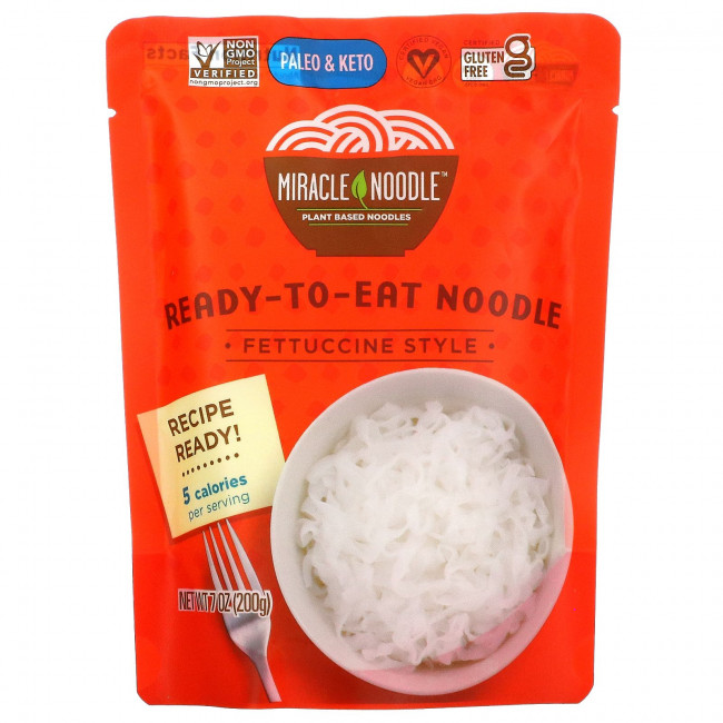 Miracle Noodle, Готовая к употреблению лапша, в стиле феттучини, 200 г (7 унций) Miracle Noodle, Готовая к употреблению лапша, в стиле феттучини, 200 г (7 унций)
