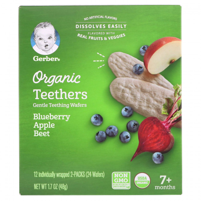 Gerber, Organic Teethers, вафли для мягкого прорезывания зубов, для малышей от 7 месяцев, черника, яблоко и свекла, 12 пакетиков по 2 вафли в каждом Gerber, Organic Teethers, вафли для мягкого прорезывания зубов, для малышей от 7 месяцев, черника, яблоко и свекла, 12 пакетиков по 2 вафли в каждом