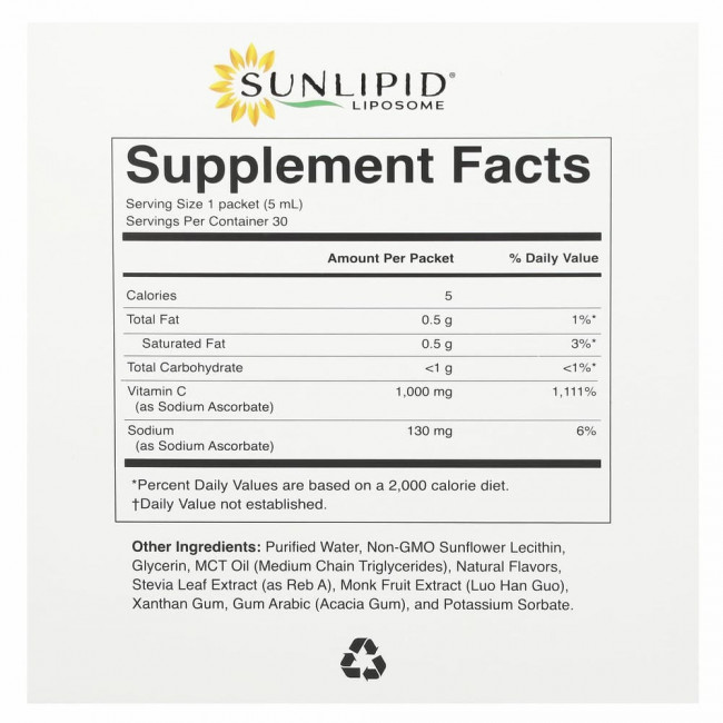 SunLipid, липосомальный витамин C, с натуральными ароматизаторами, 30 пакетиков по 5,0 мл (0,17 унции) SunLipid, липосомальный витамин C, с натуральными ароматизаторами, 30 пакетиков по 5,0 мл (0,17 унции)