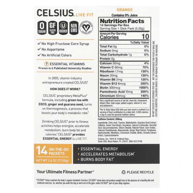 Celsius, Live Fit, апельсин, 14 пакетиков по 5,25 г (0,19 унции) Celsius, Live Fit, апельсин, 14 пакетиков по 5,25 г (0,19 унции)
