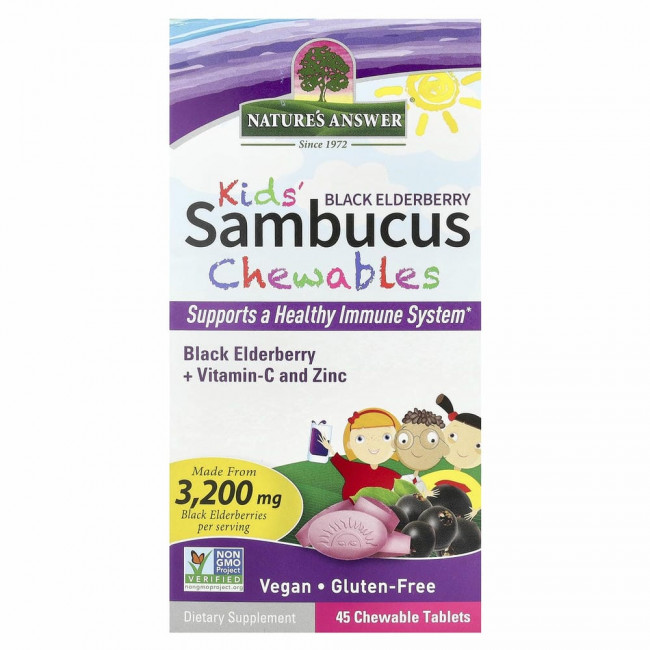 Nature's Answer, Kid's Sambucus, жевательные таблетки из черной бузины с витамином C и цинком, 45 жевательных таблеток