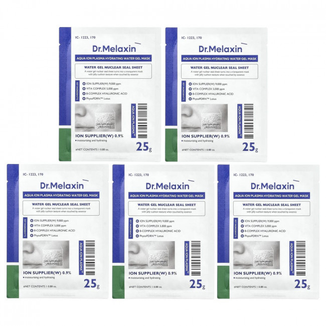 Dr.Melaxin, Aqua Ion Plasma, увлажняющая водная гелевая маска для лица, 5 листов, 25 г (0,88 унции) каждый. Dr.Melaxin, Aqua Ion Plasma, увлажняющая водная гелевая маска для лица, 5 листов, 25 г (0,88 унции) каждый.