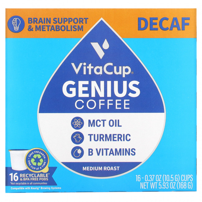 VitaCup, Genius Coffee, средней обжарки, без кофеина, 16 чашек по 10,5 г (0,37 унции) VitaCup, Genius Coffee, средней обжарки, без кофеина, 16 чашек по 10,5 г (0,37 унции)