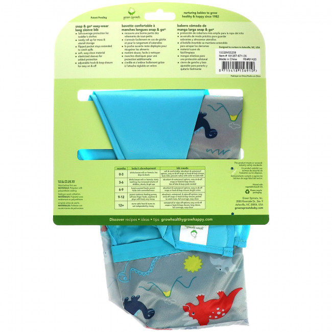 Green Sprouts, Snap & Go Easy Wear Long Sleeve Bib, Aqua Diasour Green Sprouts, Snap & Go Easy Wear Long Sleeve Bib, Aqua Diasour