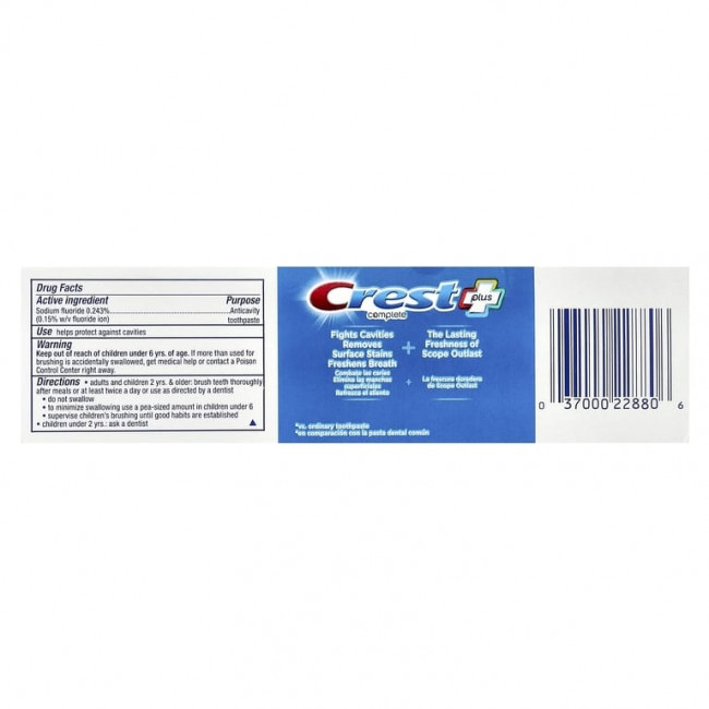 Crest, Plus Complete ™, Scope® Outlast® + Whitening, зубная паста с фтором, мята, 113 г (4 унции) Crest, Plus Complete ™, Scope® Outlast® + Whitening, зубная паста с фтором, мята, 113 г (4 унции)