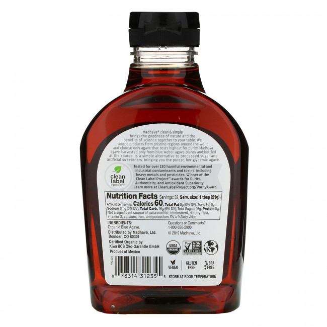 Madhava Natural Sweeteners, Органическая сырая голубая агава, сертификат справедливой торговли, 667 г (1,5 фунта) Madhava Natural Sweeteners, Органическая сырая голубая агава, сертификат справедливой торговли, 667 г (1,5 фунта)