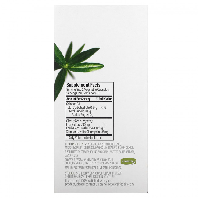 Comvita, Olive Life, экстракт листьев оливкового дерева, для здоровья сердечно-сосудистой системы, 68 мг, 120 растительных капсул Comvita, Olive Life, экстракт листьев оливкового дерева, для здоровья сердечно-сосудистой системы, 68 мг, 120 растительных капсул