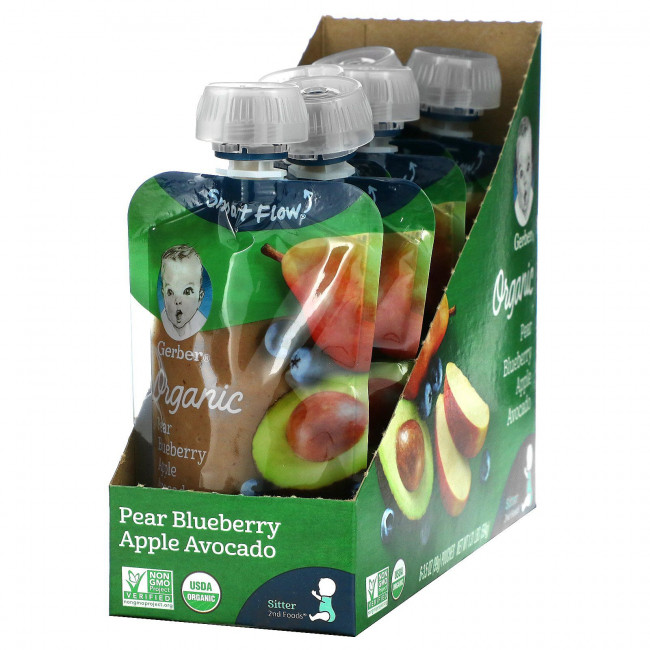 Gerber, Smart Flow, органический продукт, груша, голубика, яблоко и авокадо, 6 пакетиков по 99 г (3,5 унции) Gerber, Smart Flow, органический продукт, груша, голубика, яблоко и авокадо, 6 пакетиков по 99 г (3,5 унции)