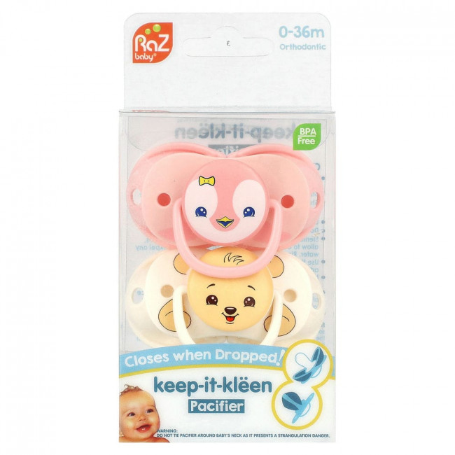 RaZbaby, Соска-пустышка Keep-It-Kleen, для 0–36 мес, Penguin & Bear, 2 шт. (Товар снят с продажи)