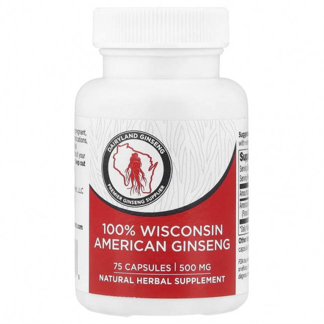 Dairyland Ginseng, 100% женьшень висконсинский американский, 500 мг, 75 капсул Dairyland Ginseng, 100% женьшень висконсинский американский, 500 мг, 75 капсул