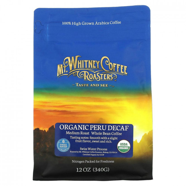 Mt. Whitney Coffee Roasters, органический кофе из Перу без кофеина, средней обжарки, зерновой, 340 г (12 унций) Mt. Whitney Coffee Roasters, органический кофе из Перу без кофеина, средней обжарки, зерновой, 340 г (12 унций)