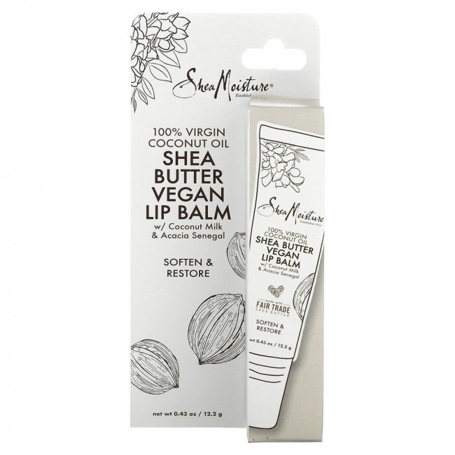 SheaMoisture, Веганский бальзам для губ с маслом ши, кокосовым молоком и сенегальской акацией, 100% кокосовое масло первого отжима, 12,2 г (0,43 унции)