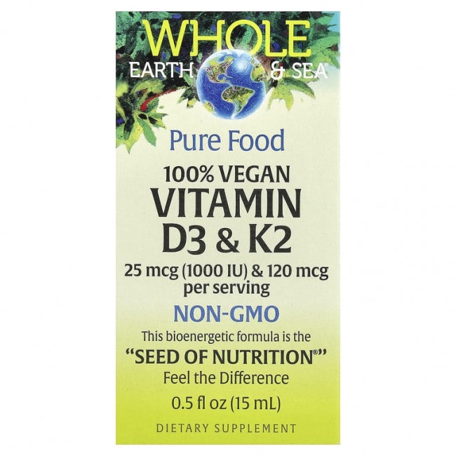 Natural Factors, Whole Earth Sea®, 100% веганские витамины D3 и K2, 15 мл (0,5 жидк. унц.) Natural Factors, Whole Earth Sea®, 100% веганские витамины D3 и K2, 15 мл (0,5 жидк. унц.)