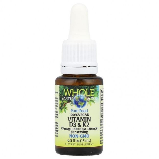 Natural Factors, Whole Earth Sea®, 100% веганские витамины D3 и K2, 15 мл (0,5 жидк. унц.) Natural Factors, Whole Earth Sea®, 100% веганские витамины D3 и K2, 15 мл (0,5 жидк. унц.)