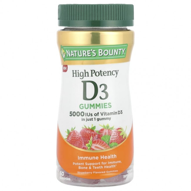 Nature's Bounty, Жевательные мармеладки с витамином D3, высокоэффективные, со вкусом клубники, 5000 МЕ, 60 жевательных таблеток Nature's Bounty, Жевательные мармеладки с витамином D3, высокоэффективные, со вкусом клубники, 5000 МЕ, 60 жевательных таблеток
