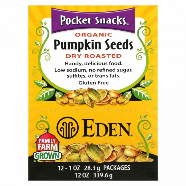 Eden Foods, Organic, Pocket snacks, тыквенные семечки, сухие жареные, 12 пакетиков, 1 унция (28,3 г) каждый Eden Foods, Organic, Pocket snacks, тыквенные семечки, сухие жареные, 12 пакетиков, 1 унция (28,3 г) каждый
