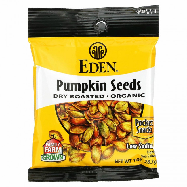 Eden Foods, Organic, Pocket snacks, тыквенные семечки, сухие жареные, 12 пакетиков, 1 унция (28,3 г) каждый Eden Foods, Organic, Pocket snacks, тыквенные семечки, сухие жареные, 12 пакетиков, 1 унция (28,3 г) каждый