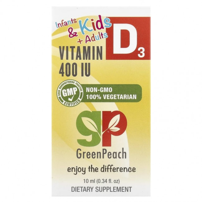 GreenPeach, Для младенцев и детей и взрослых, витамин D3, 400 МЕ, 10 мл (0,34 жидк. Унции) GreenPeach, Для младенцев и детей и взрослых, витамин D3, 400 МЕ, 10 мл (0,34 жидк. Унции)