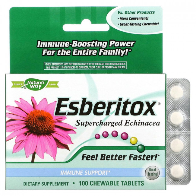 Nature's Way, Esberitox, эхинацея с наддувом, 100 жевательных таблеток Nature's Way, Esberitox, эхинацея с наддувом, 100 жевательных таблеток