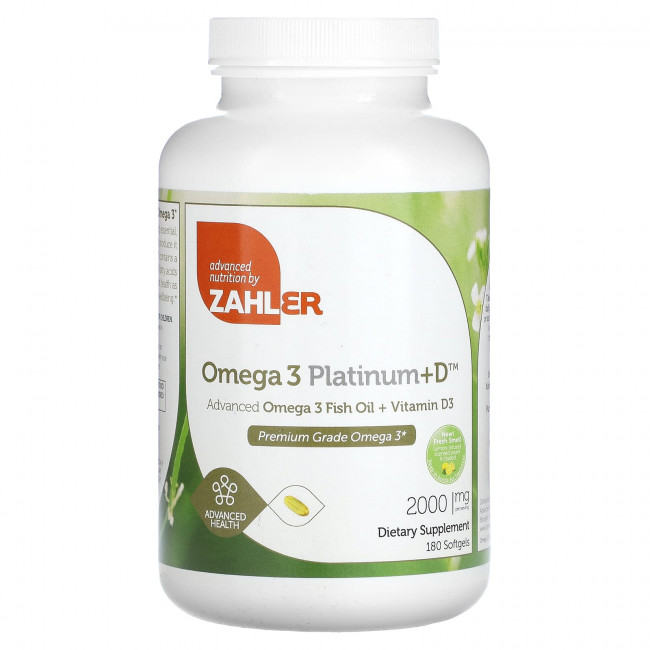 Zahler, Omega 3 Platinum + D, улучшенный рыбий жир с омега-3 и витамином D3, 1000 мг, 180 мягких таблеток Zahler, Omega 3 Platinum + D, улучшенный рыбий жир с омега-3 и витамином D3, 1000 мг, 180 мягких таблеток