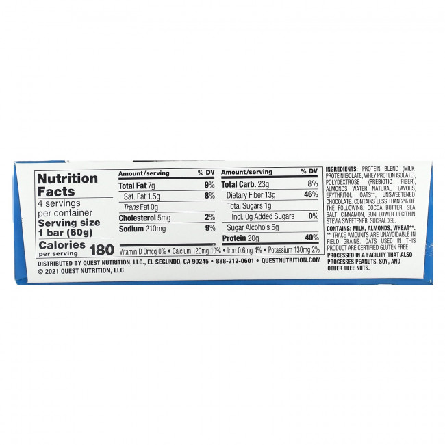 Quest Nutrition, Протеиновый батончик, овсянка и шоколадная крошка, 4 батончика по 60 г (2,12 унции) Quest Nutrition, Протеиновый батончик, овсянка и шоколадная крошка, 4 батончика по 60 г (2,12 унции)