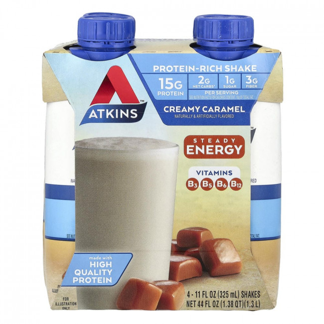 Коктейль Atkins, богатый протеином, со вкусом сливочной карамели, 4 коктейля по 325 мл (11 жидких унций) каждый. Коктейль Atkins, богатый протеином, со вкусом сливочной карамели, 4 коктейля по 325 мл (11 жидких унций) каждый.