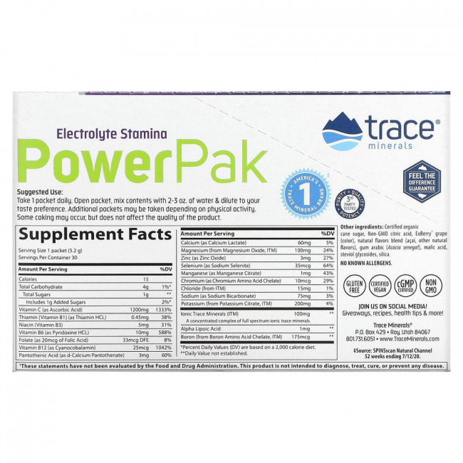 Trace Minerals ®, электролит для повышения выносливости, PowerPak, со вкусом ягод асаи, 30 пакетиков по 5,2 г (0,18 унции) Trace Minerals ®, электролит для повышения выносливости, PowerPak, со вкусом ягод асаи, 30 пакетиков по 5,2 г (0,18 унции)