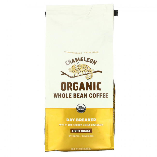 Chameleon Organic Coffee, органический кофе, цельные зерна, для завтрака, светлая обжарка, 255 г (9 унций) Chameleon Organic Coffee, органический кофе, цельные зерна, для завтрака, светлая обжарка, 255 г (9 унций)