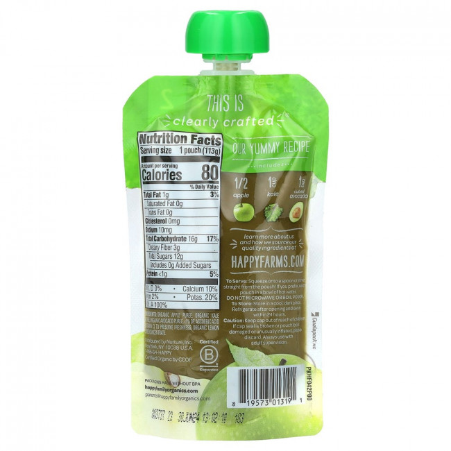 Happy Family Organics, органическое детское питание, этап 2, для детей старше 6 месяцев, яблоко, листовая капуста и авокадо, 113 г (4 унции) Happy Family Organics, органическое детское питание, этап 2, для детей старше 6 месяцев, яблоко, листовая капуста и авокадо, 113 г (4 унции)