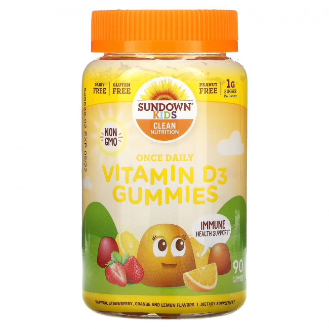 Sundown Naturals Kids, Один раз в день жевательные мармеладки с витамином D3, натуральная клубника, апельсин и лимон, 90 жевательных таблеток Sundown Naturals Kids, Один раз в день жевательные мармеладки с витамином D3, натуральная клубника, апельсин и лимон, 90 жевательных таблеток