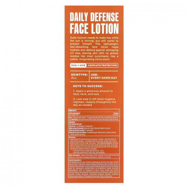 Duke Cannon Supply Co., Daily Defense Face Lotion, Mineral Sunscreen, SPF 32, Light Citrus, 3 fl oz (88 ml) Duke Cannon Supply Co., Daily Defense Face Lotion, Mineral Sunscreen, SPF 32, Light Citrus, 3 fl oz (88 ml)