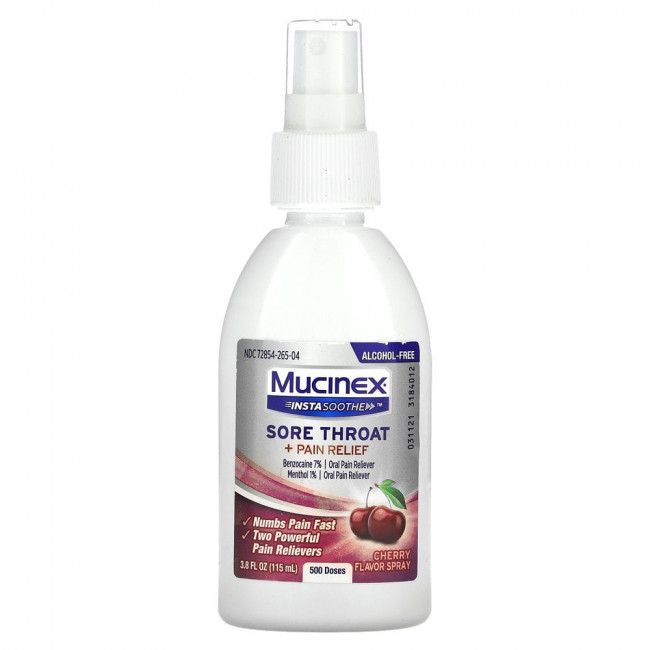Mucinex, InstaSoothe Sore Throat + Pain Relief Spray, Cherry, 3.8 fl oz (115 ml)