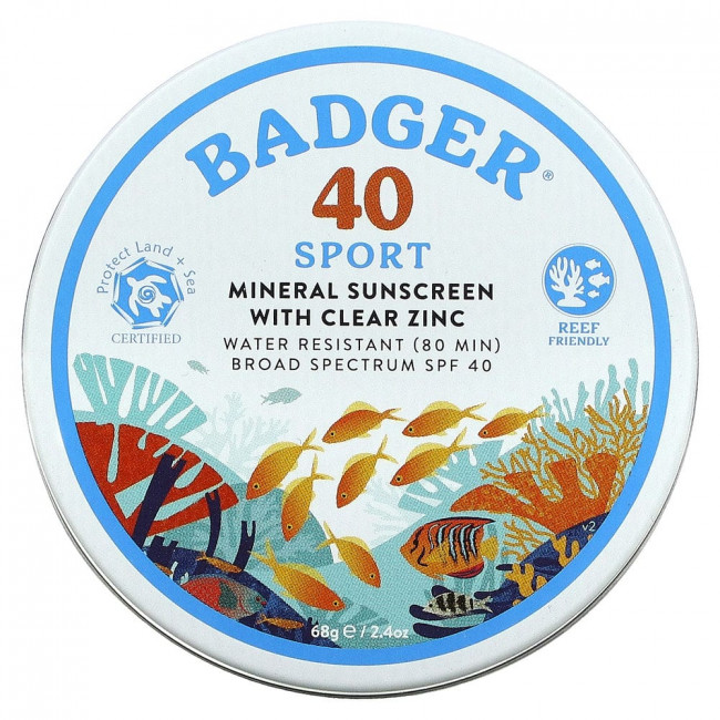 Badger Company, минеральный солнцезащитный крем с чистым цинком, подходит для занятий спортом, SPF 40, без запаха, 68 г (2,4 унции) Badger Company, минеральный солнцезащитный крем с чистым цинком, подходит для занятий спортом, SPF 40, без запаха, 68 г (2,4 унции)