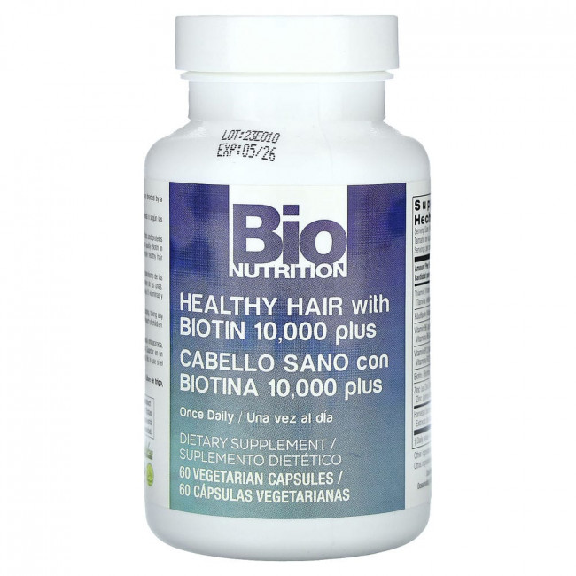 Bio Nutrition, Добавка для здоровья волос с биотином 10 000, 60 вегетарианских капсул Bio Nutrition, Добавка для здоровья волос с биотином 10 000, 60 вегетарианских капсул