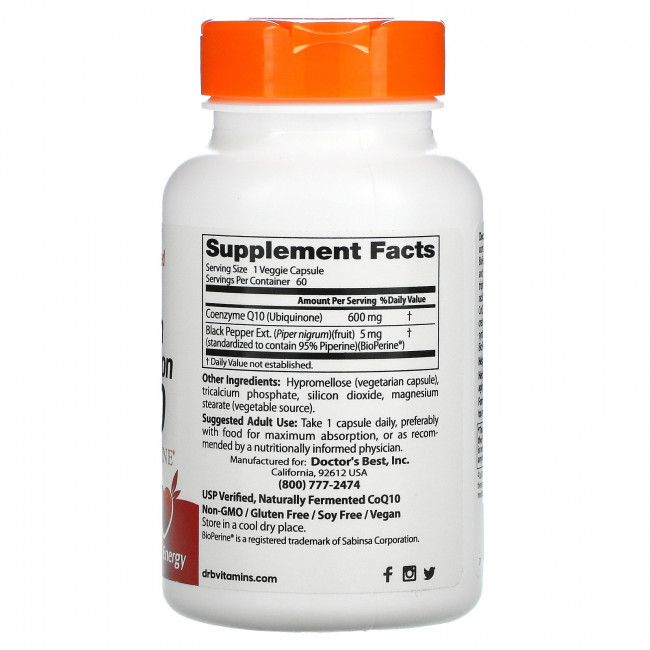 Doctor's Best, Коэнзим Q10 с высокой абсорбцией и BioPerine, 600 мг, 60 растительных капсул Doctor's Best, Коэнзим Q10 с высокой абсорбцией и BioPerine, 600 мг, 60 растительных капсул