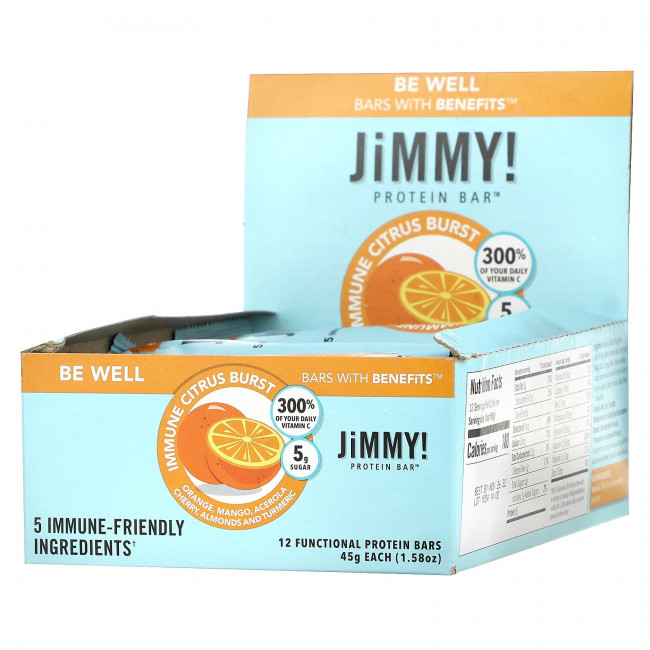 JiMMY!, Be Well Bars With Benefits, Immune Citrus Burst, 12 протеиновых батончиков, 45 г (1,58 унции) JiMMY!, Be Well Bars With Benefits, Immune Citrus Burst, 12 протеиновых батончиков, 45 г (1,58 унции)