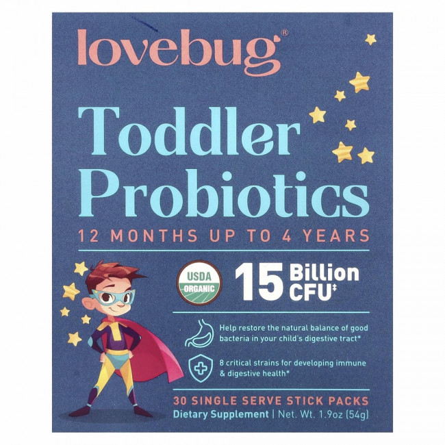 LoveBug Probiotics, пробиотики для детей в возрасте от 12 месяцев до 4 лет, 15 млрд КОЕ, 30 порций в индивидуальной упаковке LoveBug Probiotics, пробиотики для детей в возрасте от 12 месяцев до 4 лет, 15 млрд КОЕ, 30 порций в индивидуальной упаковке