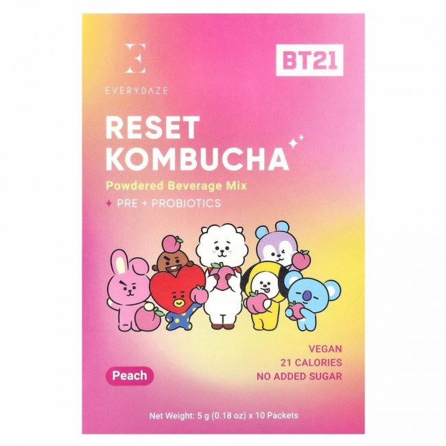 Everydaze, Reset Kombucha, порошковая смесь для напитка, персиковый вкус, 10 пакетиков по 5 г каждый. Everydaze, Reset Kombucha, порошковая смесь для напитка, персиковый вкус, 10 пакетиков по 5 г каждый.