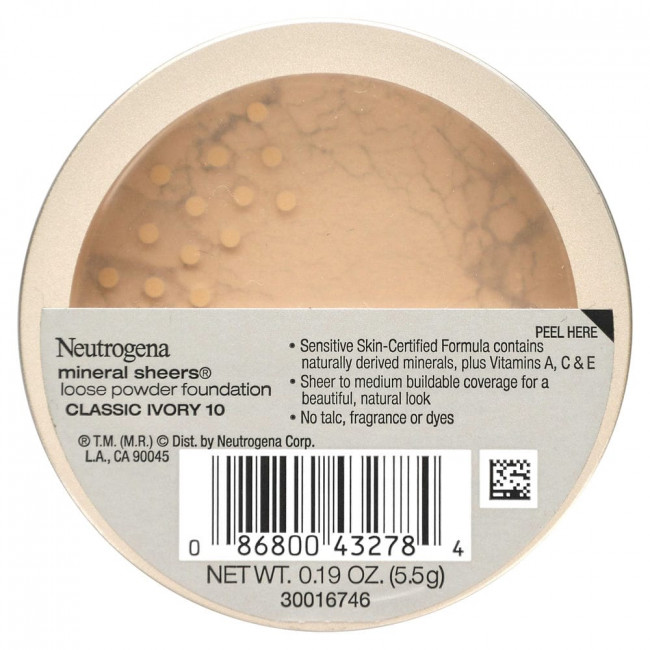 Neutrogena, Mineral Sheers, тональная пудра, классическая слоновая кость 10, 5,5 г (0,19 унции)