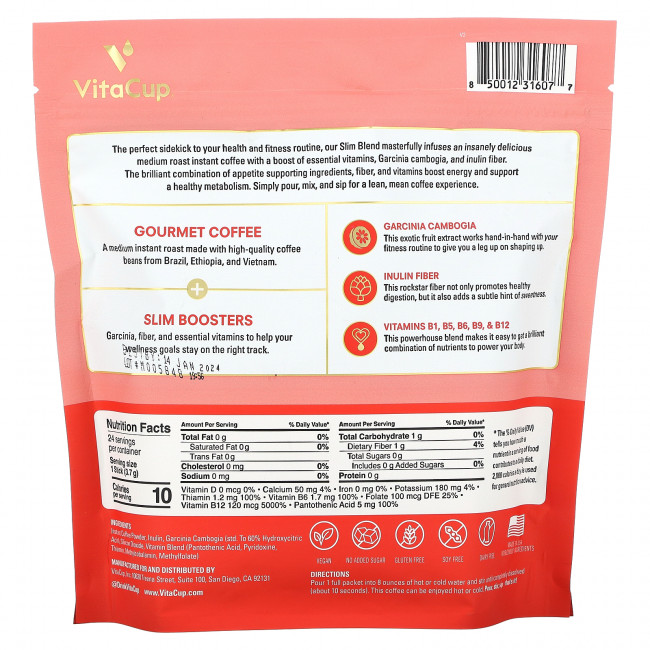 VitaCup, Растворимый кофе Slim Blend, средней обжарки, 24 палочки, по 3,7 г (0,13 унции) каждая VitaCup, Растворимый кофе Slim Blend, средней обжарки, 24 палочки, по 3,7 г (0,13 унции) каждая