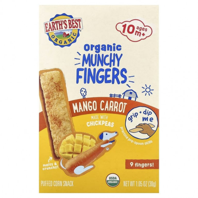 Earth's Best, Organic Munchy Fingers, кукурузный снек, для детей от 10 месяцев, манго и морковь, 30 г (1,05 унции) Earth's Best, Organic Munchy Fingers, кукурузный снек, для детей от 10 месяцев, манго и морковь, 30 г (1,05 унции)