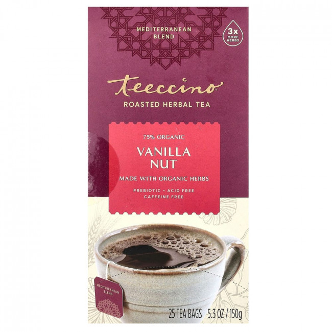 Teeccino, обжаренный травяной чай, ванильно-ореховый вкус, без кофеина, 25 чайных пакетиков, 150 г (5,3 унции) Teeccino, обжаренный травяной чай, ванильно-ореховый вкус, без кофеина, 25 чайных пакетиков, 150 г (5,3 унции)