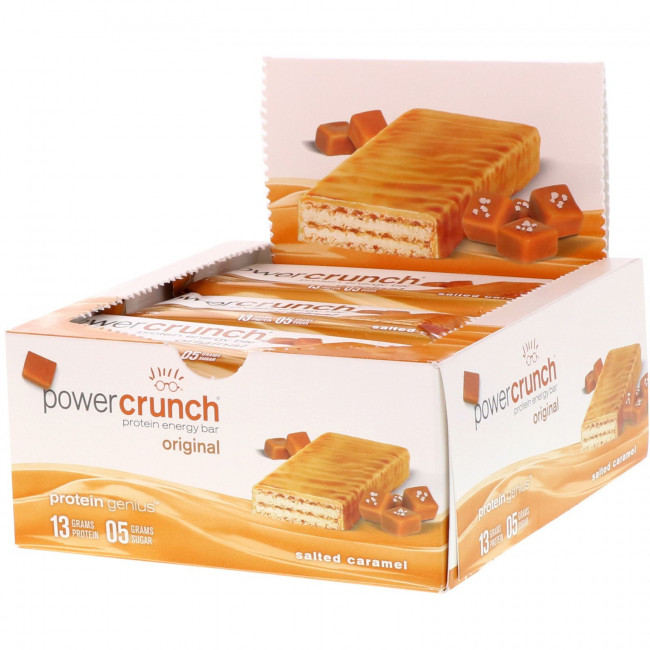 BNRG, Протеиновый энергетический батончик Power Crunch, оригинальная рецептура, соленая карамель, 12 батончиков, 40 г каждый BNRG, Протеиновый энергетический батончик Power Crunch, оригинальная рецептура, соленая карамель, 12 батончиков, 40 г каждый