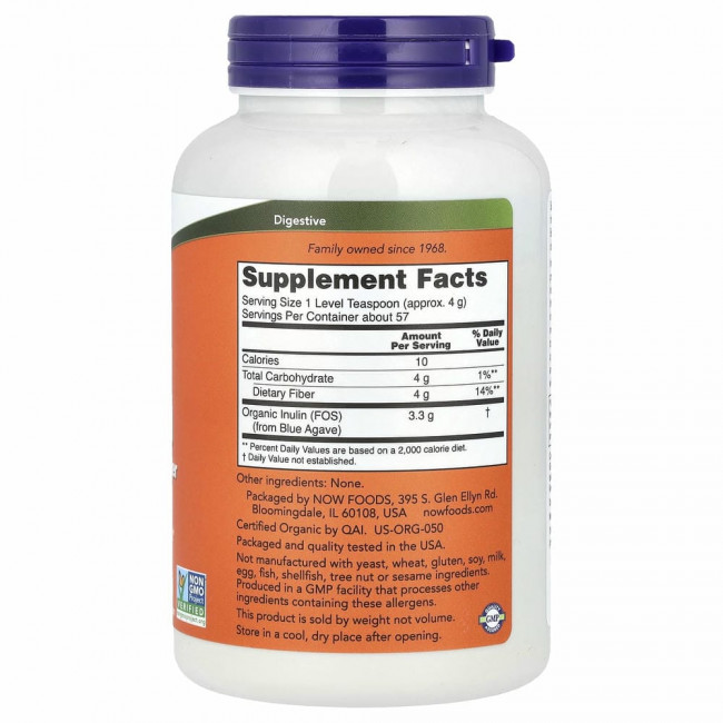 NOW Foods, сертифицированный органический инулин, пребиотик в чистом порошке, 227 г (8 унций) NOW Foods, сертифицированный органический инулин, пребиотик в чистом порошке, 227 г (8 унций)