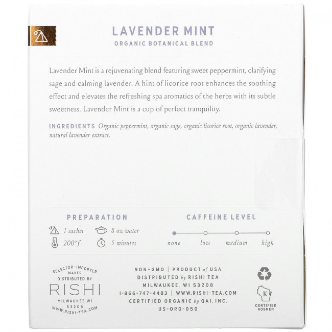 Rishi Tea, Organic Botanical Blend, лаванда и мята, без кофеина, 15 пакетиков, 37,5 г (1,32 унции) Rishi Tea, Organic Botanical Blend, лаванда и мята, без кофеина, 15 пакетиков, 37,5 г (1,32 унции)