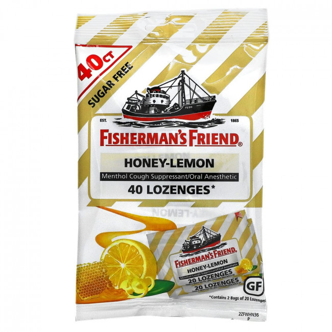 Fisherman's Friend, Леденцы с ментолом для подавления кашля, без сахара, мед и лимон, 40 пастилок Fisherman's Friend, Леденцы с ментолом для подавления кашля, без сахара, мед и лимон, 40 пастилок
