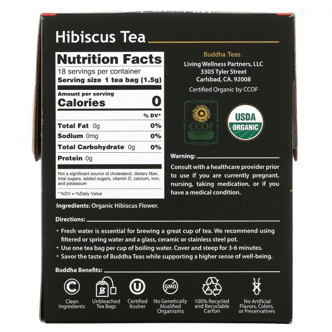 Buddha Teas, Organic Herbal Tea, цветок гибискуса, 18 чайных пакетиков, 27 г (0,95 унции) Buddha Teas, Organic Herbal Tea, цветок гибискуса, 18 чайных пакетиков, 27 г (0,95 унции)